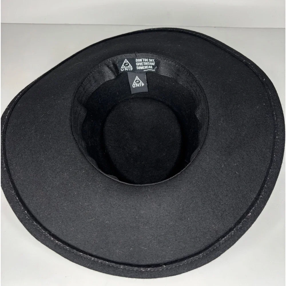 UNIF Relic Hat Women OS Black Wool Occult Embroidered Wide Brim Hat